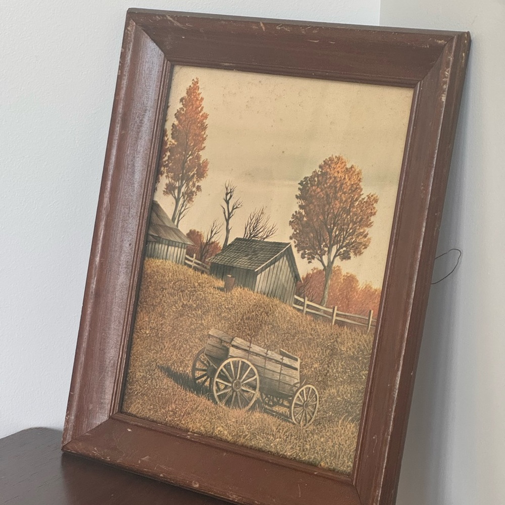 *RARE FIND* VINTAGE Rustic Farmhouse Wagon Print in Brown Wood Frame